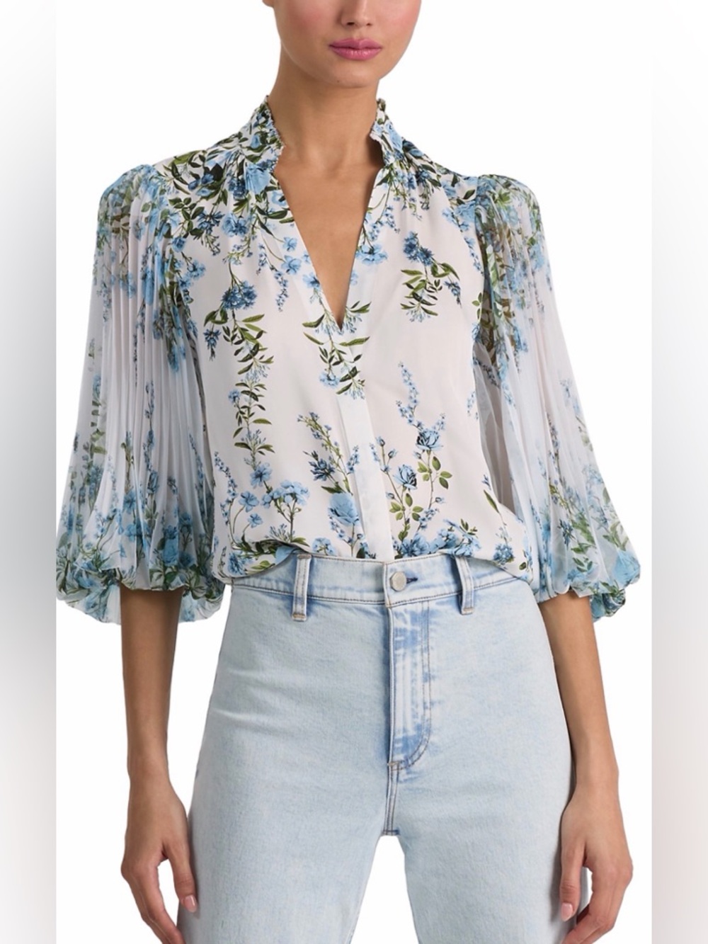 Alice + Olivia Ilan Pleated Blouson Sleeve Top
